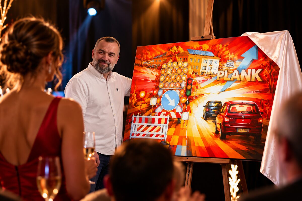 Joe Muczka jr. enthüllt das Firmenbild für Plank an einem Anlass