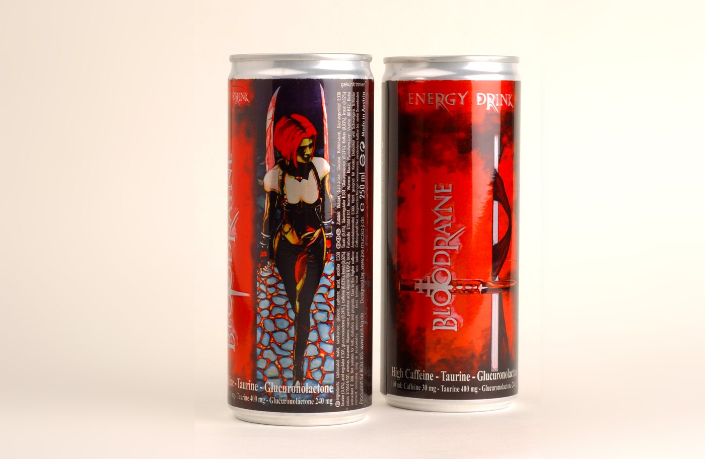 BloodRayne energy drinks in cans with motifs by Joe Muczka jr.