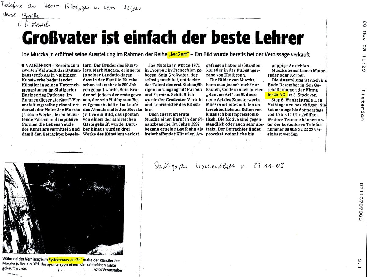 Newspaper article «Großvater ist einfach der beste Lehrer» (Grandfather is simply the best teacher) about the exhibition of Joe Muczka jr. in the tec2art series, November 2003